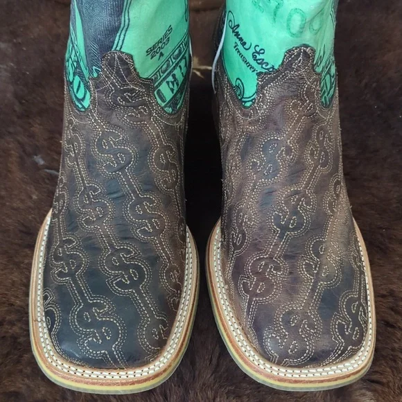 TIN HAUL men's DEUCE money themed square toe leather cowboy boot sz 13EE NWT
